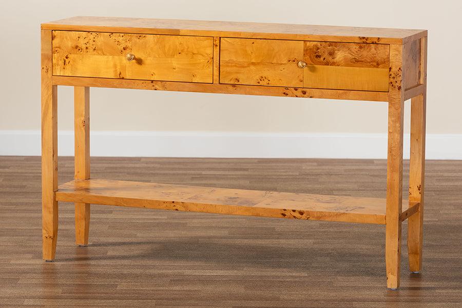 bali & pari Ghina Modern and Contemporary Natural Light Mappa Burl Wood 2-Drawer Console Table FredCo