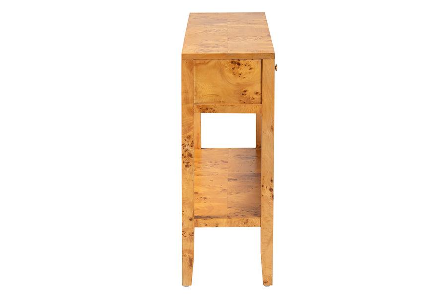 bali & pari Ghina Modern and Contemporary Natural Light Mappa Burl Wood 2-Drawer Console Table FredCo