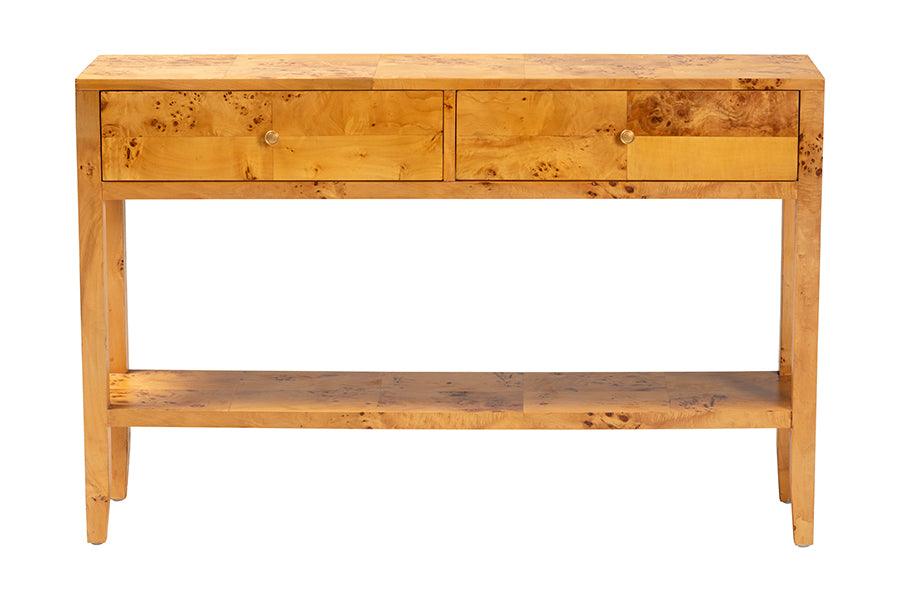 bali & pari Ghina Modern and Contemporary Natural Light Mappa Burl Wood 2-Drawer Console Table FredCo