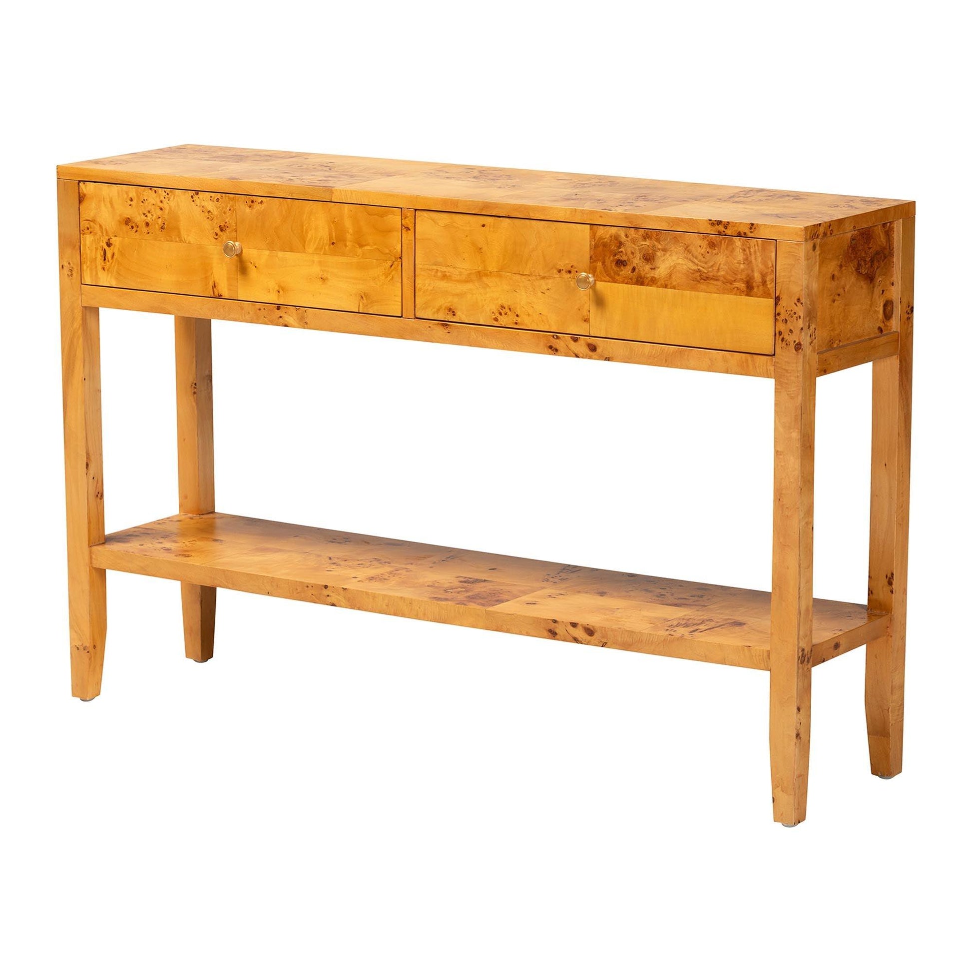 bali & pari Ghina Modern and Contemporary Natural Light Mappa Burl Wood 2-Drawer Console Table FredCo