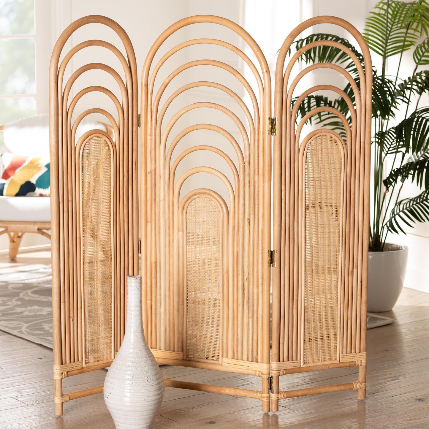 bali & pari Golda Modern Bohemian Natural Brown Rattan Room Divider FredCo