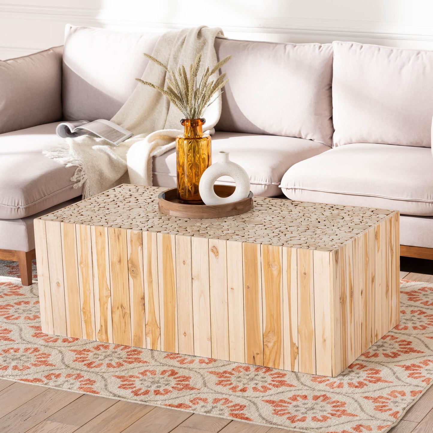 bali & pari Grayson Bohemian Natural Teak Wood Coffee Table with Unique Repurposed Wood Logs FredCo