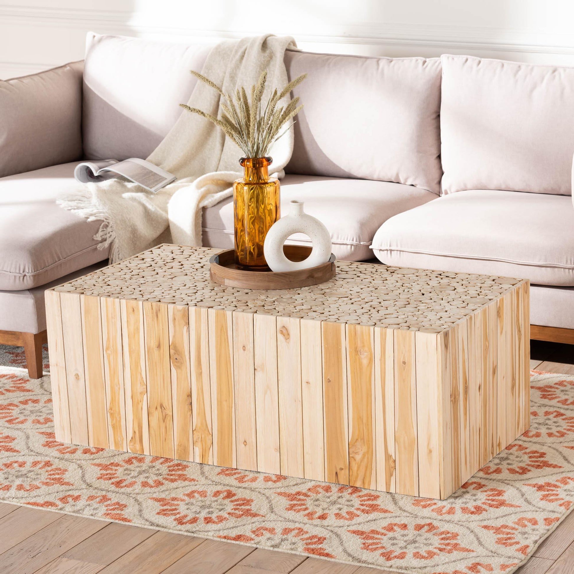 bali & pari Grayson Bohemian Natural Teak Wood Coffee Table with Unique Repurposed Wood Logs FredCo