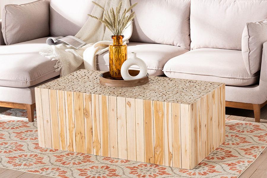 bali & pari Grayson Bohemian Natural Teak Wood Coffee Table with Unique Repurposed Wood Logs FredCo