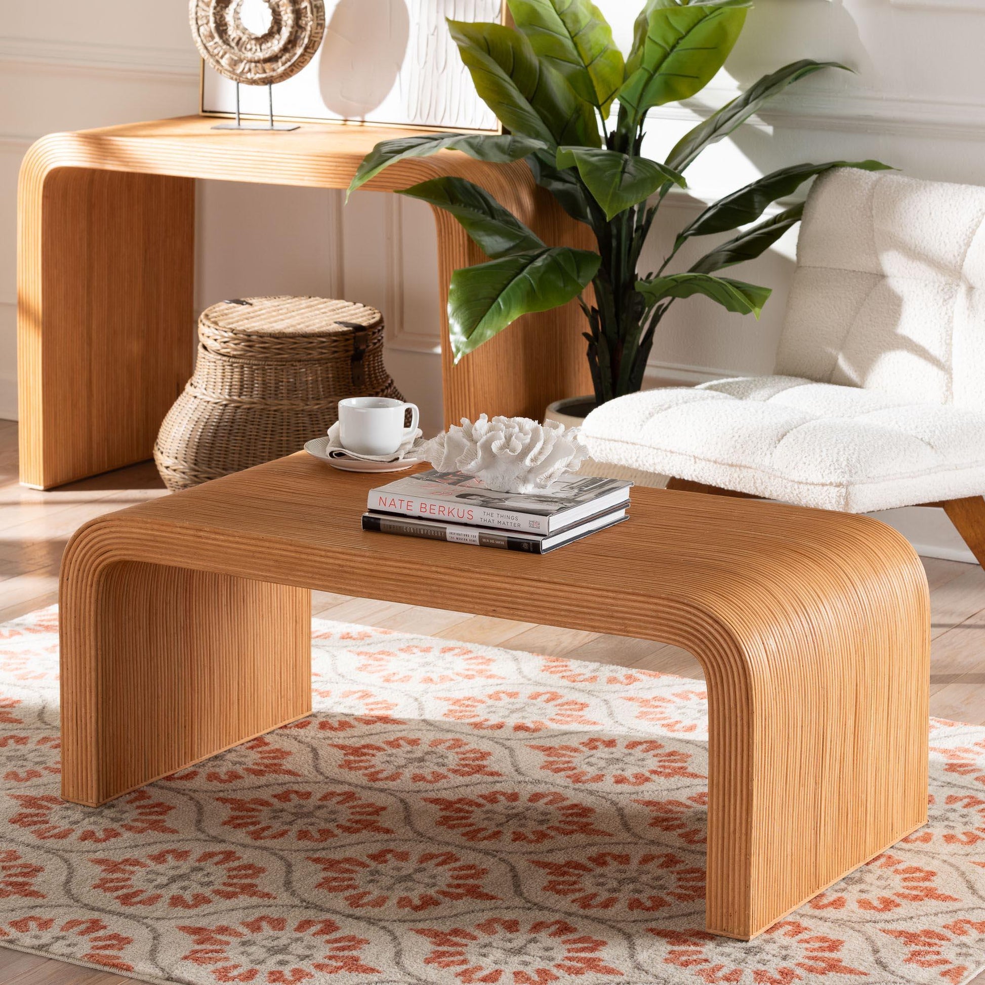 bali & pari Guevara Bohemian Light Honey Fluted Rattan Coffee Table FredCo