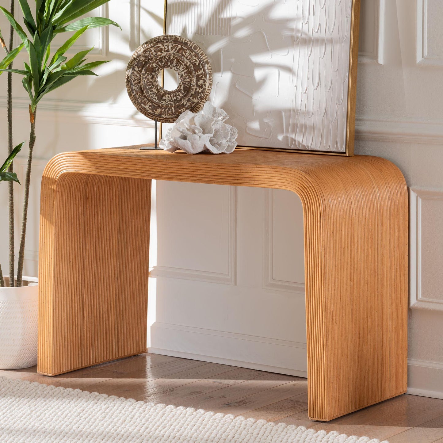bali & pari Guevara Bohemian Light Honey Fluted Rattan Console Table FredCo