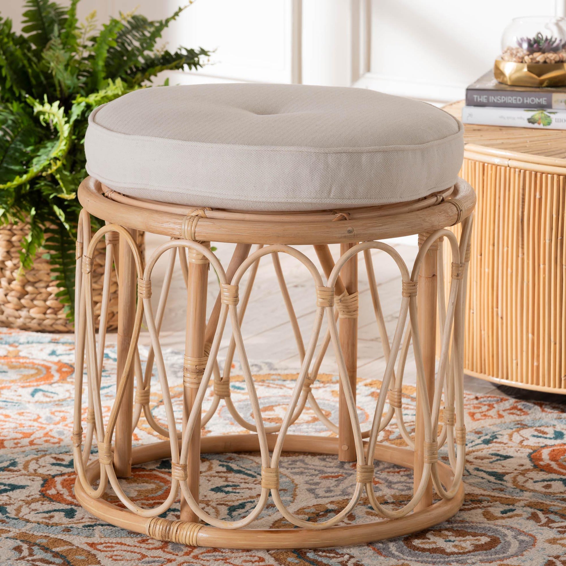 bali & pari Hachiro Bohemian Natural Rattan Ottoman Footstool FredCo