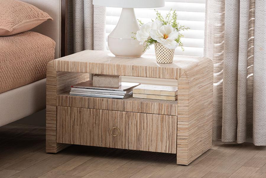 bali & pari Hannah Bohemian Woven Grasscloth 1-Drawer Nightstand FredCo