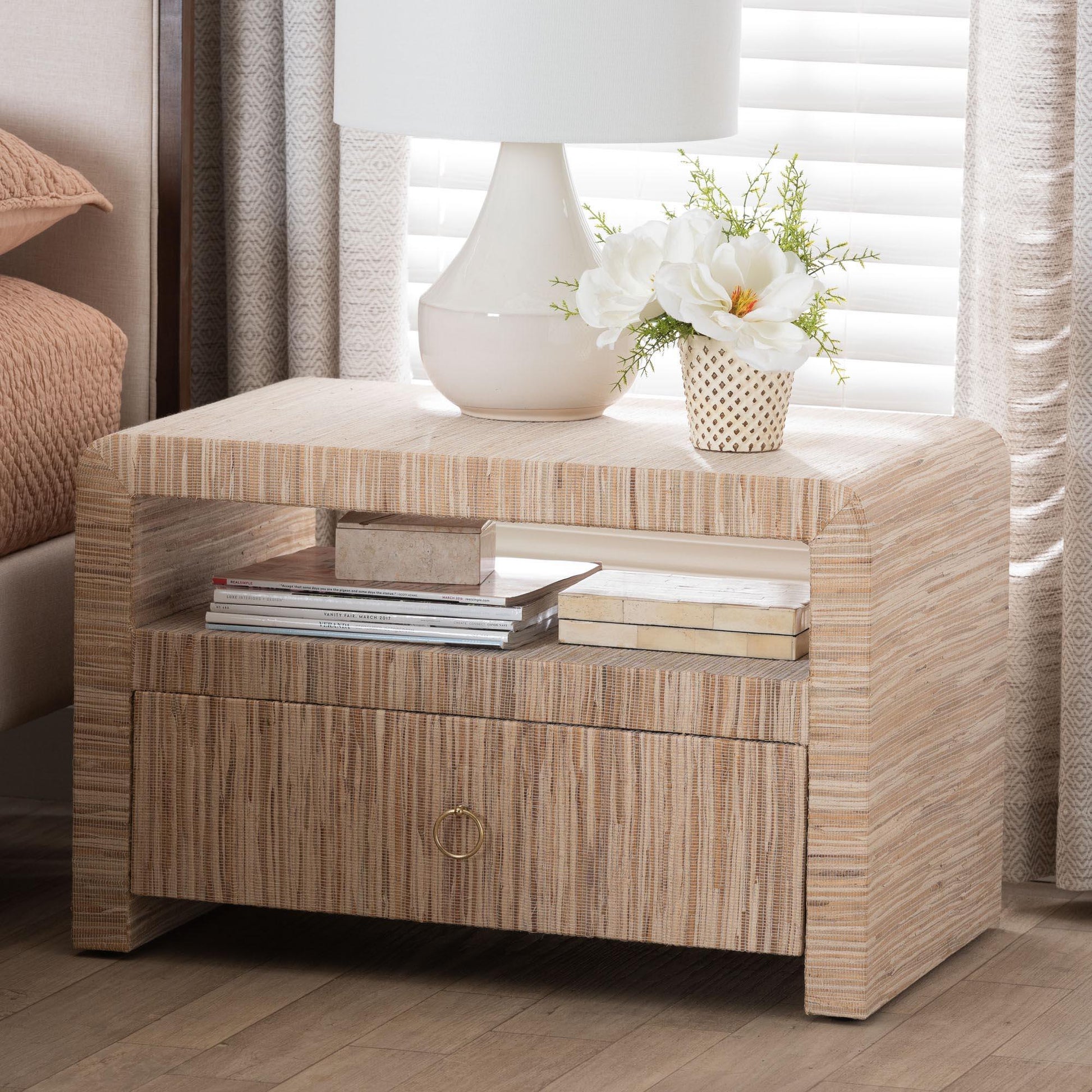 bali & pari Hannah Bohemian Woven Grasscloth 1-Drawer Nightstand FredCo