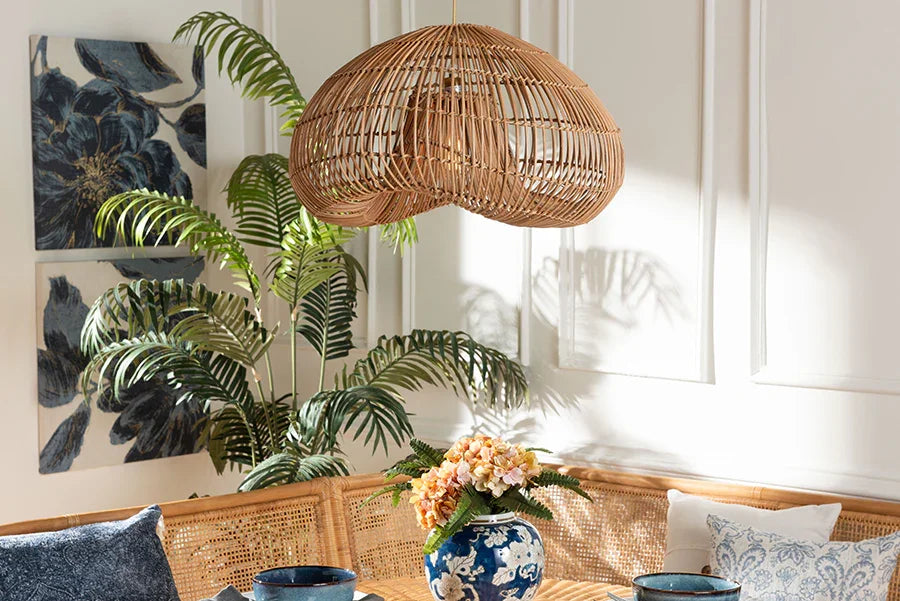 bali & pari Hansa Natural Rattan Pendant Lampshade - Handcrafted Dome-Shape Ceiling Light Cover, Coastal Boho Décor FredCo