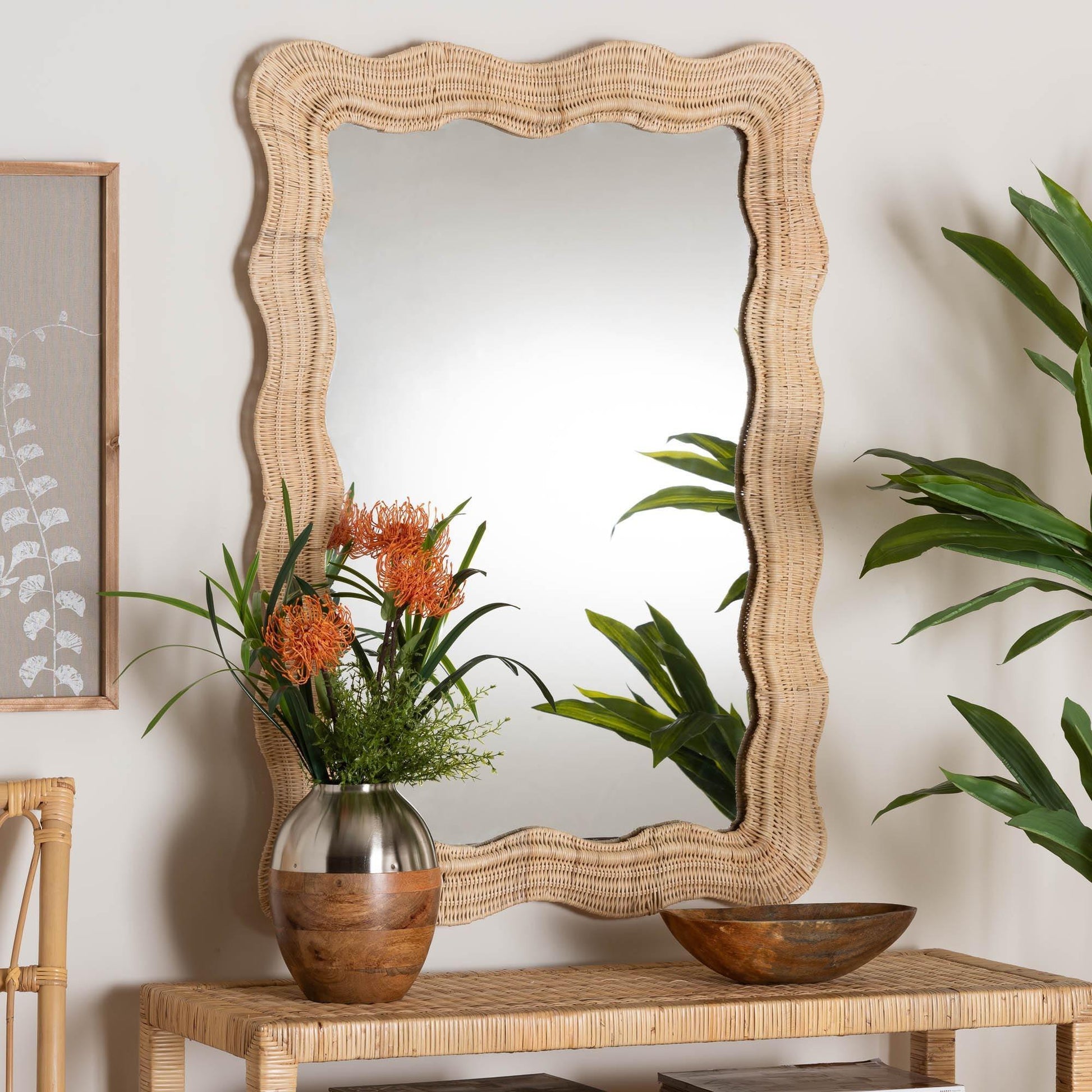 bali & pari Hasana Bohemian Natural Scallop Rattan Accent Wall Mirror FredCo