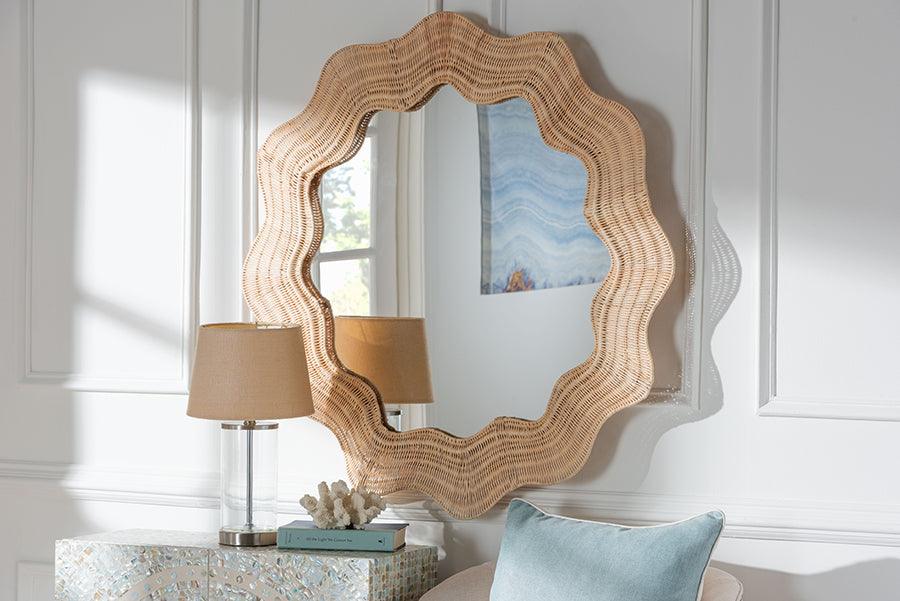 bali & pari Hasana Coastal Scalloped Natural Rattan Round Accent Wall Mirror FredCo