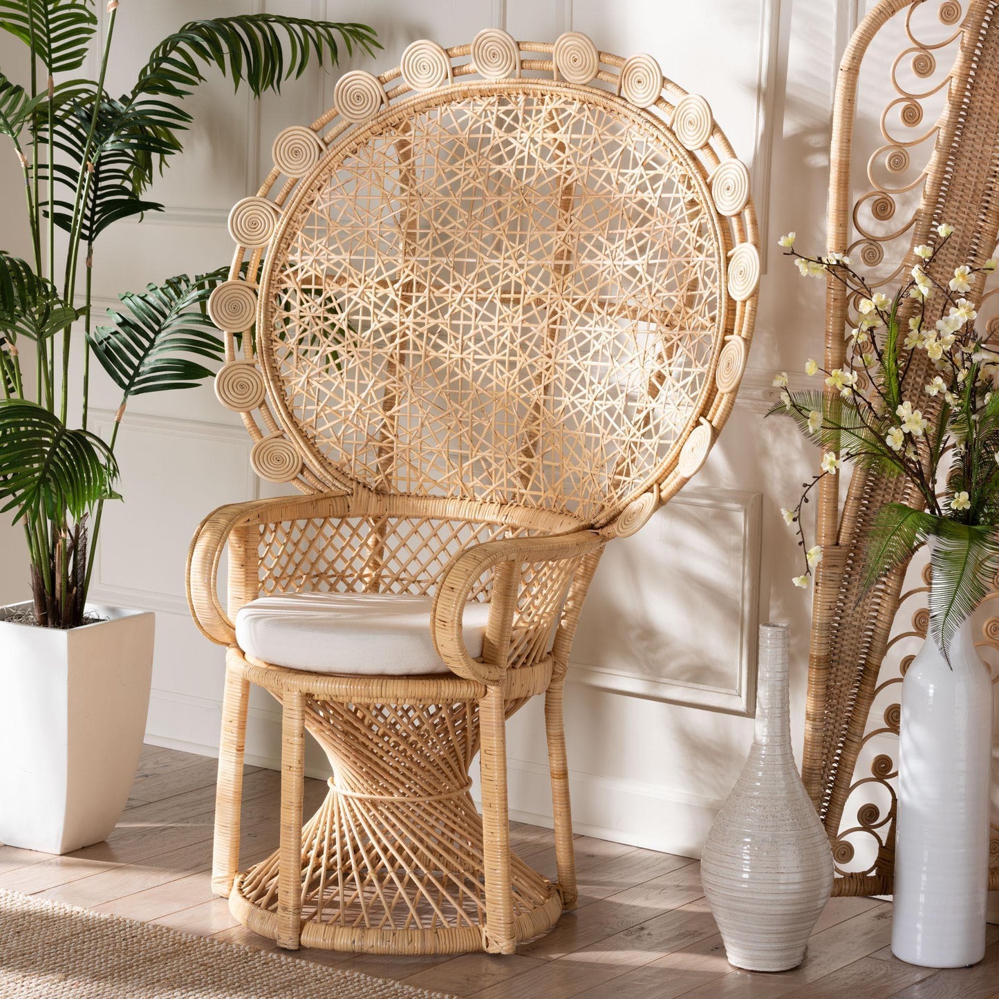 bali & pari Hecate Modern Bohemian Natural Brown Rattan Peacock Chair FredCo