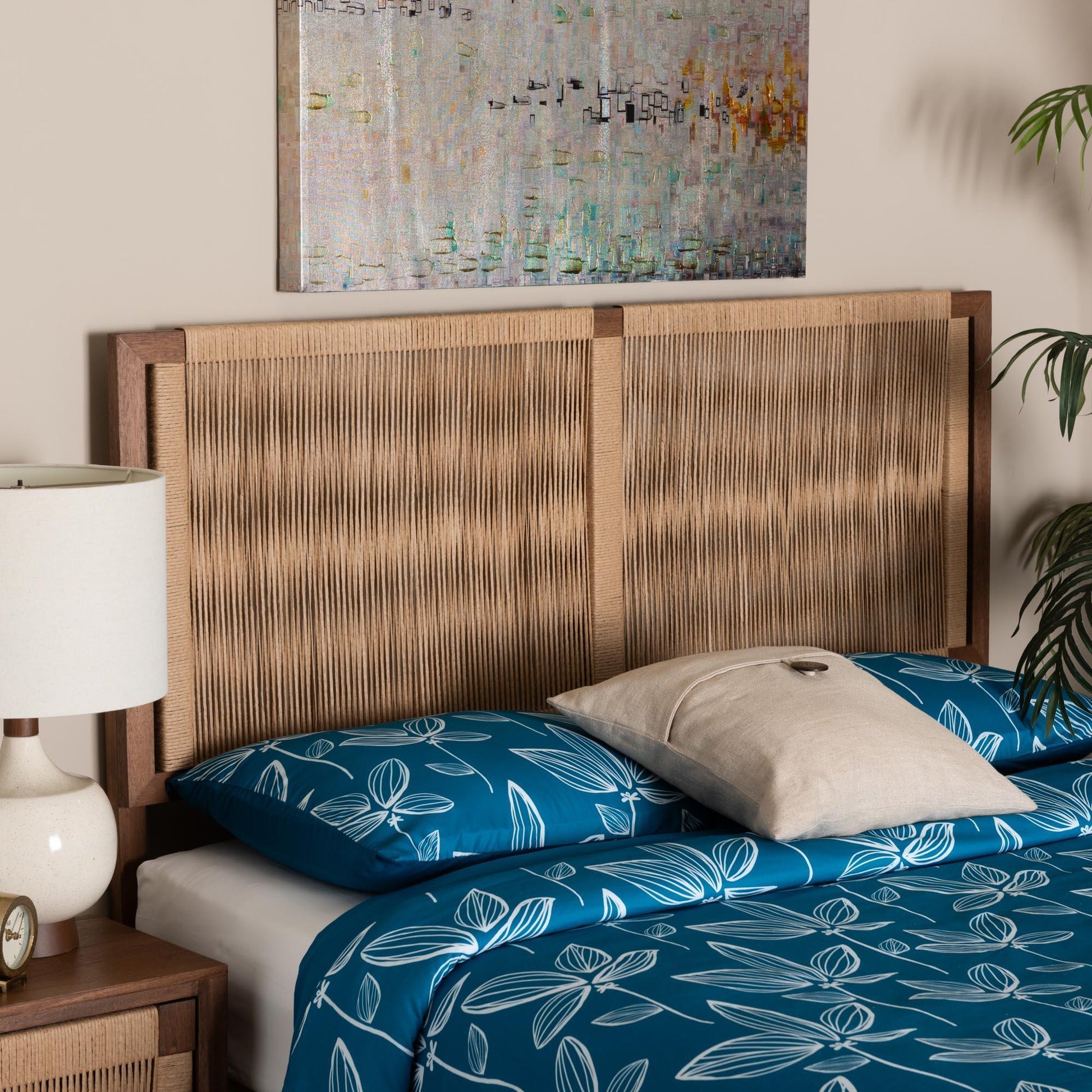 bali & pari Holitz Modern Bohemian Walnut Brown Finished Bayur Wood Queen Size Headboard FredCo