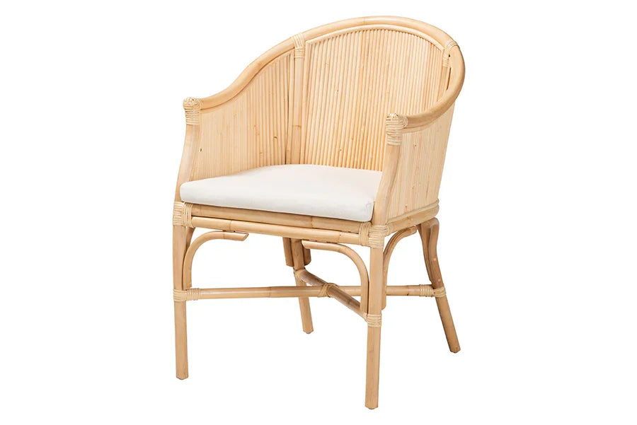 bali & pari Hollis Natural Rattan Barrel Chair with Cushion - Handcrafted Accent Armchair with Laminated Rattan Pole Back, Coastal Boho Seating for Living Room or Bedroom FredCo