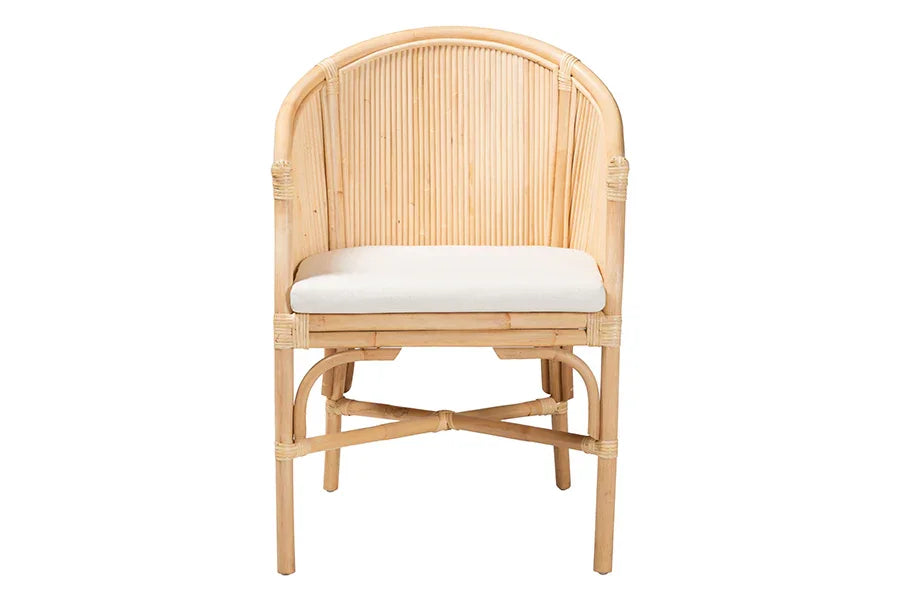bali & pari Hollis Natural Rattan Barrel Chair with Cushion - Handcrafted Accent Armchair with Laminated Rattan Pole Back, Coastal Boho Seating for Living Room or Bedroom FredCo
