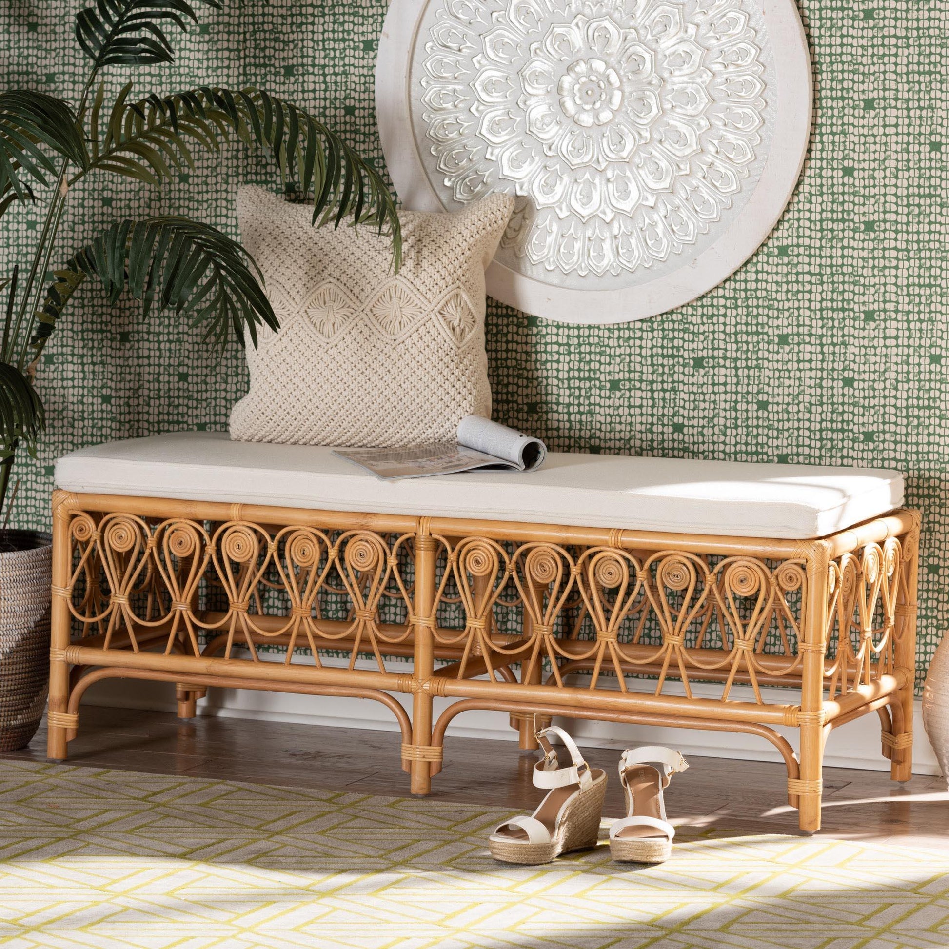 bali & pari Ibiza Modern bohemian Natural Brown Rattan Bench FredCo