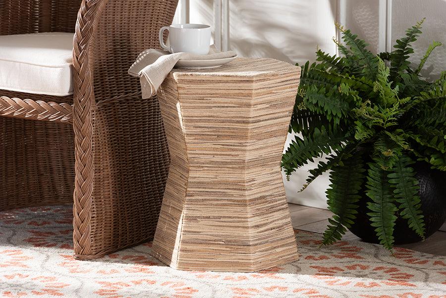 bali & pari Idana Bohemian Woven Grasscloth Hourglass End Table FredCo