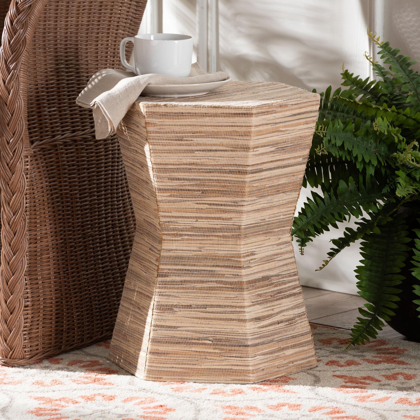 bali & pari Idana Bohemian Woven Grasscloth Hourglass End Table FredCo