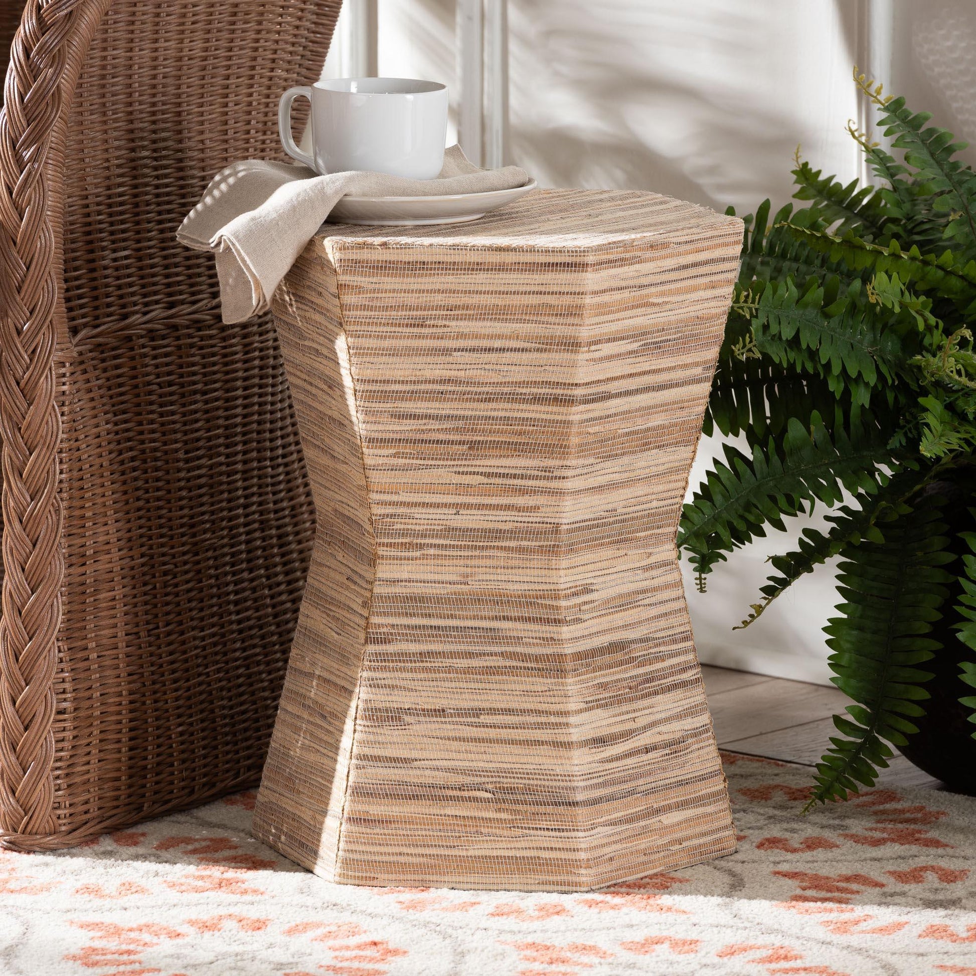 bali & pari Idana Bohemian Woven Grasscloth Hourglass End Table FredCo
