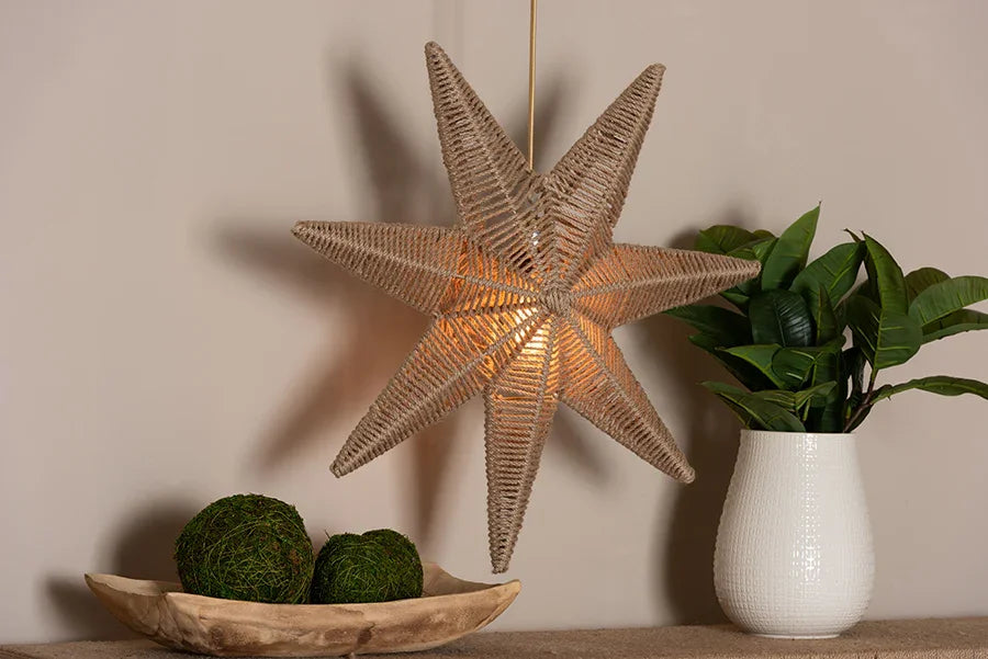 bali & pari Idriya Handwoven Jute Pendant Lampshade - Star-Shaped Natural Fiber Light Cover, Coastal Boho Lighting Decor FredCo