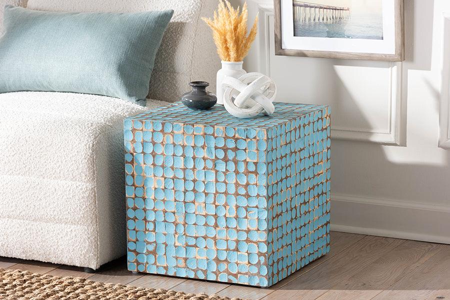 bali & pari Janella Bohemian Sky Blue Coconut Shell and Acacia Wood End Table FredCo
