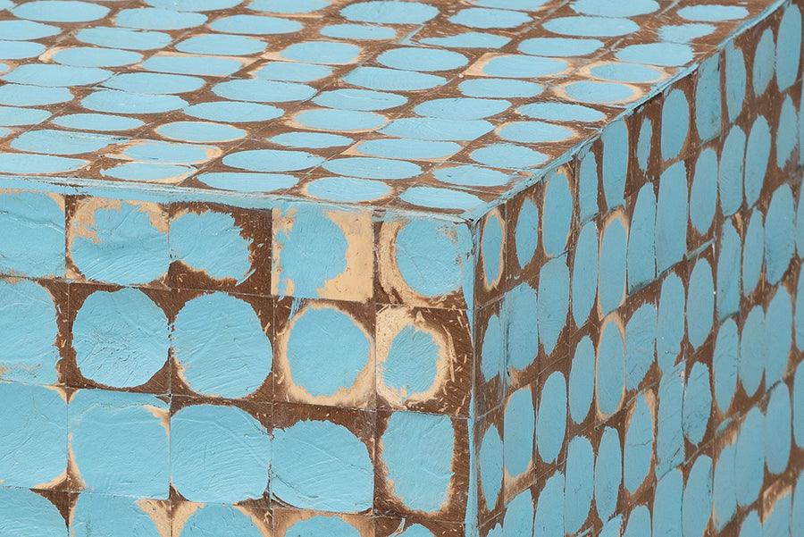 bali & pari Janella Bohemian Sky Blue Coconut Shell and Acacia Wood End Table FredCo