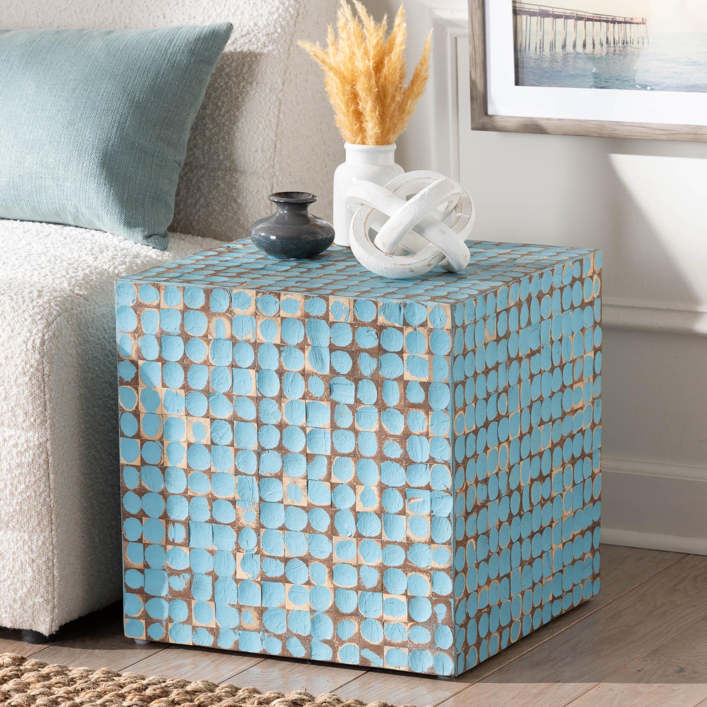 bali & pari Janella Bohemian Sky Blue Coconut Shell and Acacia Wood End Table FredCo