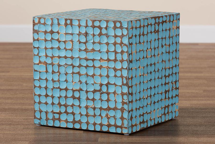 bali & pari Janella Bohemian Sky Blue Coconut Shell and Acacia Wood End Table FredCo