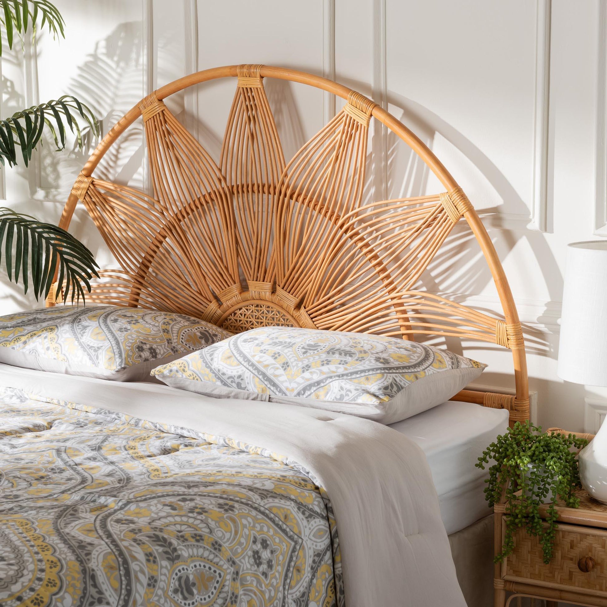 bali & pari Jasmine Modern Bohemian Natural Rattan Queen Size Standalone Headboard FredCo