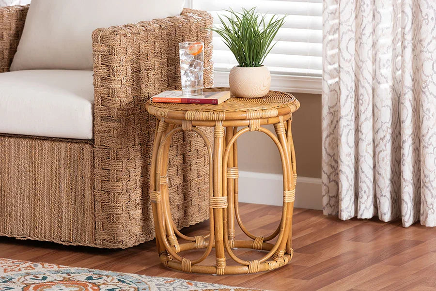 bali & pari Jayana Natural Rattan Round End Table - Handwoven Wicker Accent Table with Open Frame Base, Lightweight Coastal Boho Side Table for Living Room or Patio FredCo