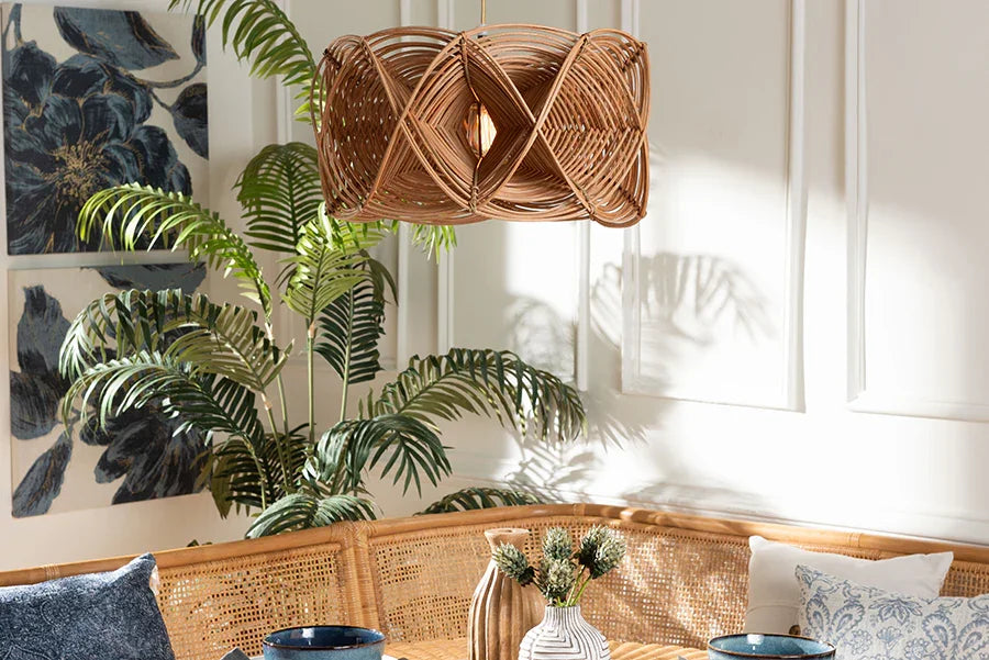 bali & pari Jeneth Natural Rattan Pendant Lampshade - Coastal Boho Ceiling Light Cover with Handcrafted Geometric Design FredCo