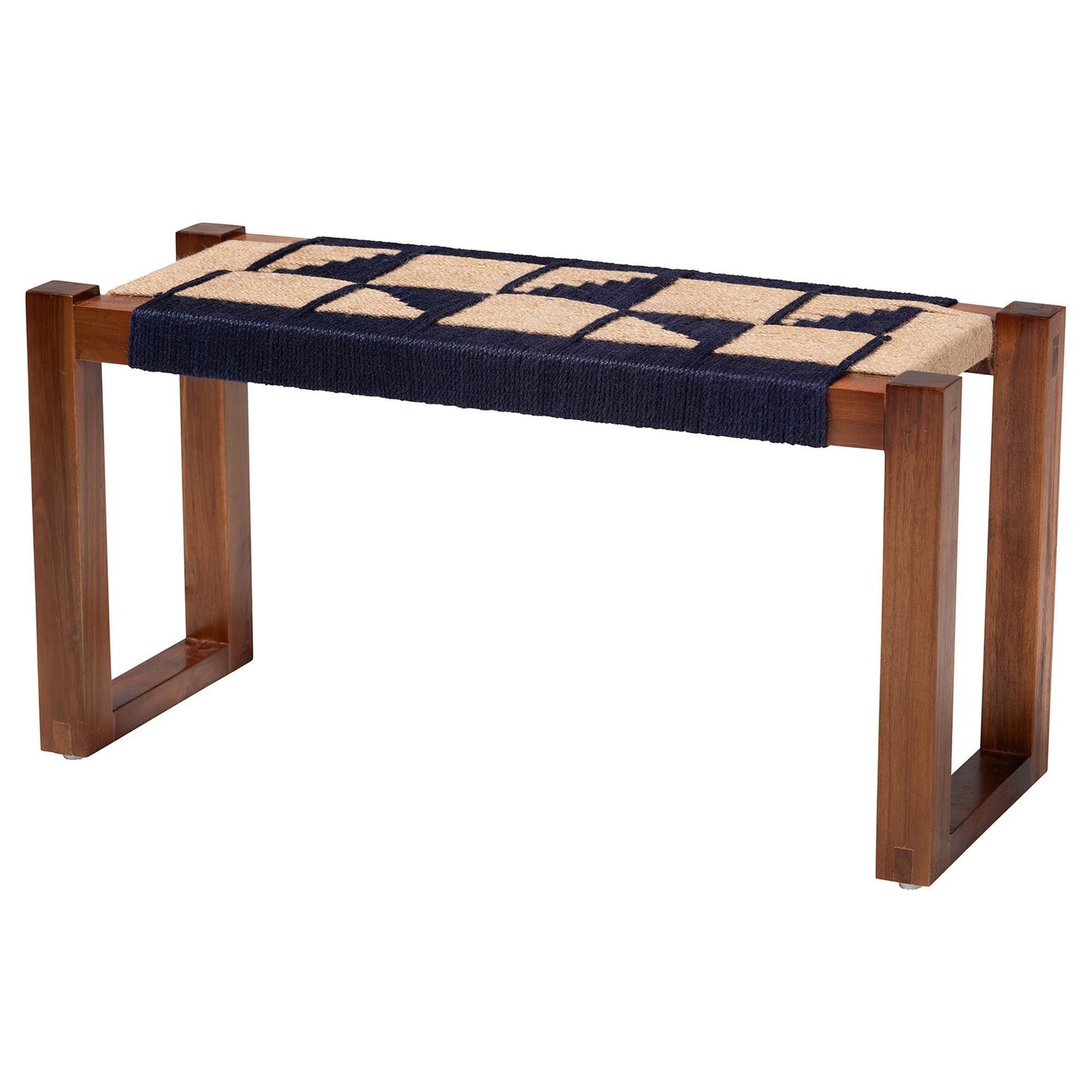 bali & pari Jerilyn Modern Bohemian Two-Tone Navy Blue and Natura Brown Seagrass and Acacia Wood Accent Bench FredCo