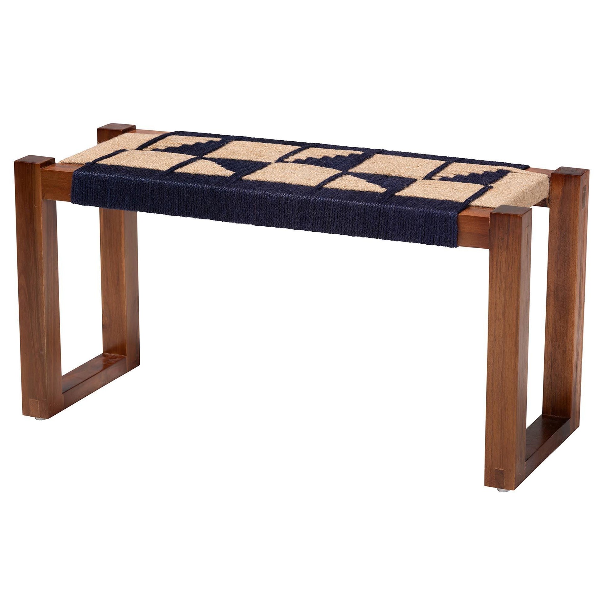 bali & pari Jerilyn Modern Bohemian Two-Tone Navy Blue and Natura Brown Seagrass and Acacia Wood Accent Bench FredCo