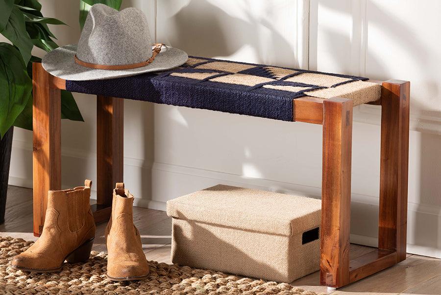 bali & pari Jerilyn Modern Bohemian Two-Tone Navy Blue and Natura Brown Seagrass and Acacia Wood Accent Bench FredCo