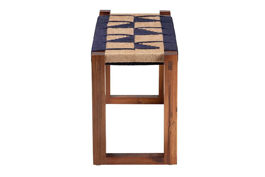 bali & pari Jerilyn Modern Bohemian Two-Tone Navy Blue and Natura Brown Seagrass and Acacia Wood Accent Bench FredCo