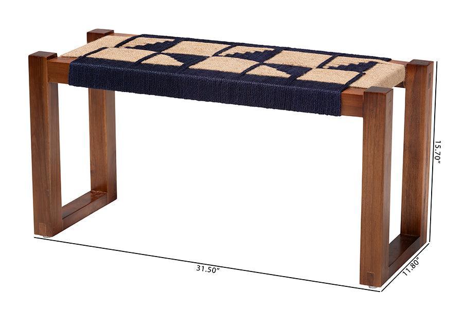 bali & pari Jerilyn Modern Bohemian Two-Tone Navy Blue and Natura Brown Seagrass and Acacia Wood Accent Bench FredCo