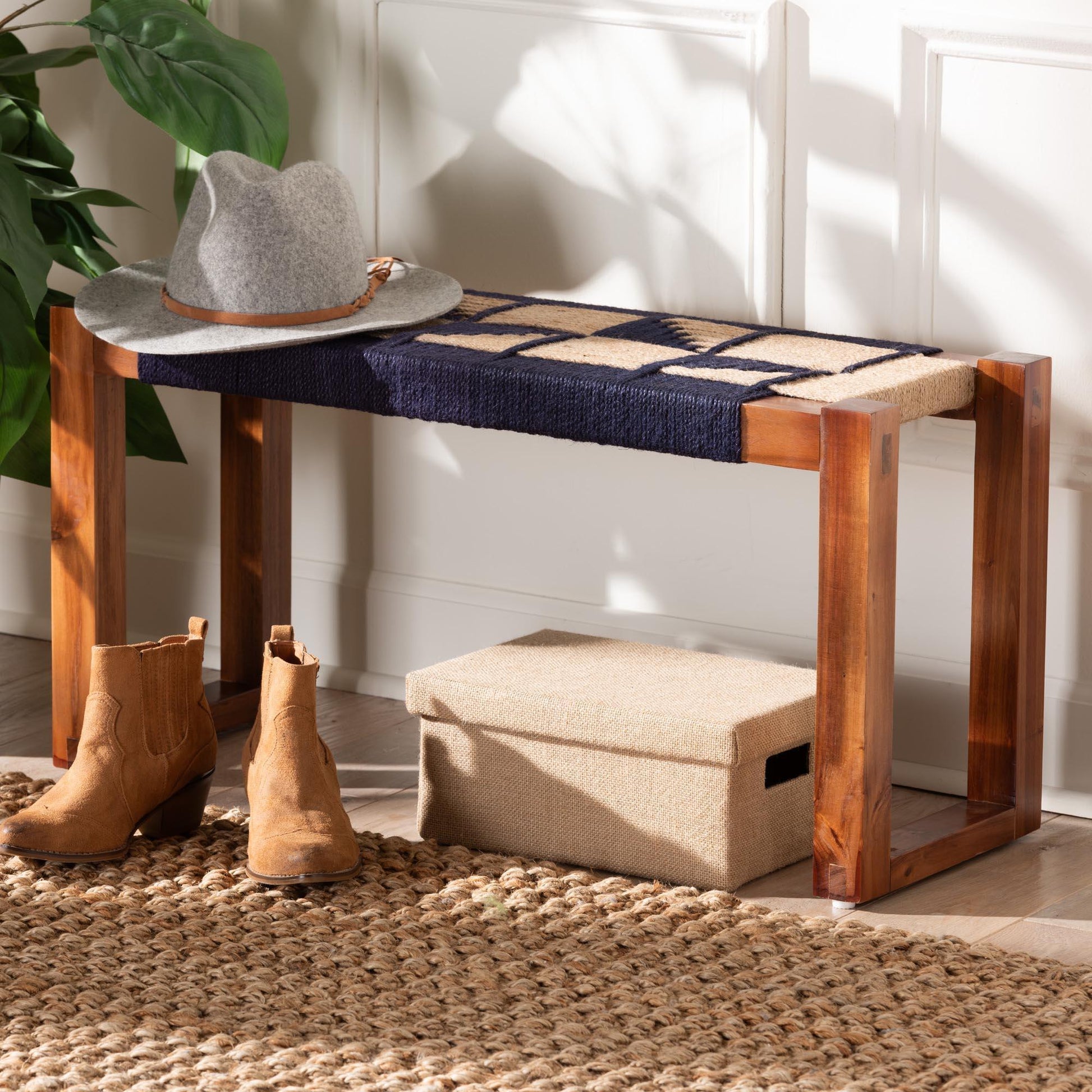 bali & pari Jerilyn Modern Bohemian Two-Tone Navy Blue and Natura Brown Seagrass and Acacia Wood Accent Bench FredCo