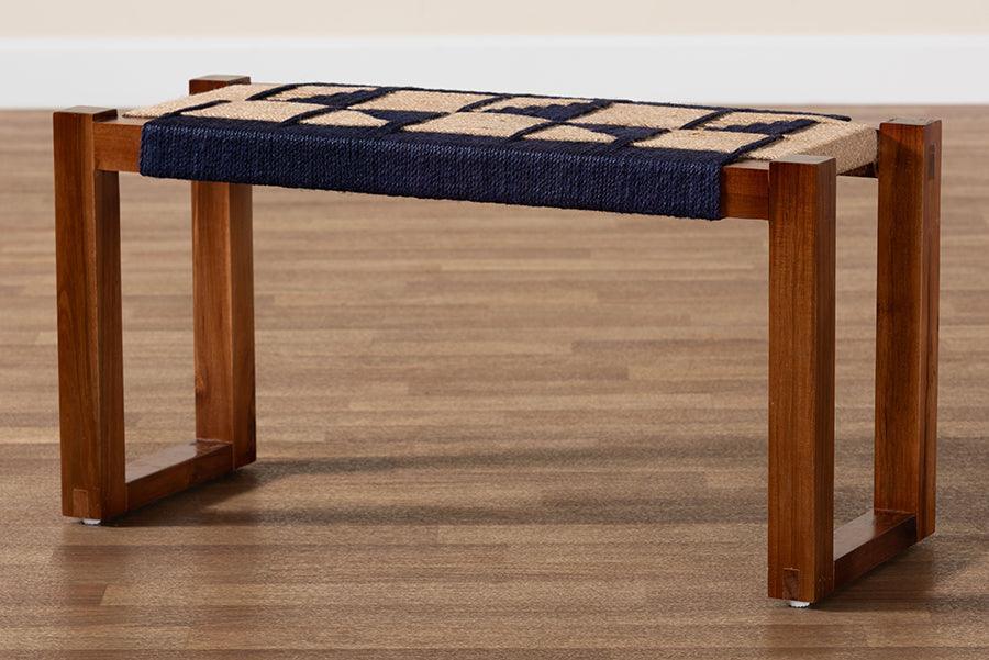 bali & pari Jerilyn Modern Bohemian Two-Tone Navy Blue and Natura Brown Seagrass and Acacia Wood Accent Bench FredCo