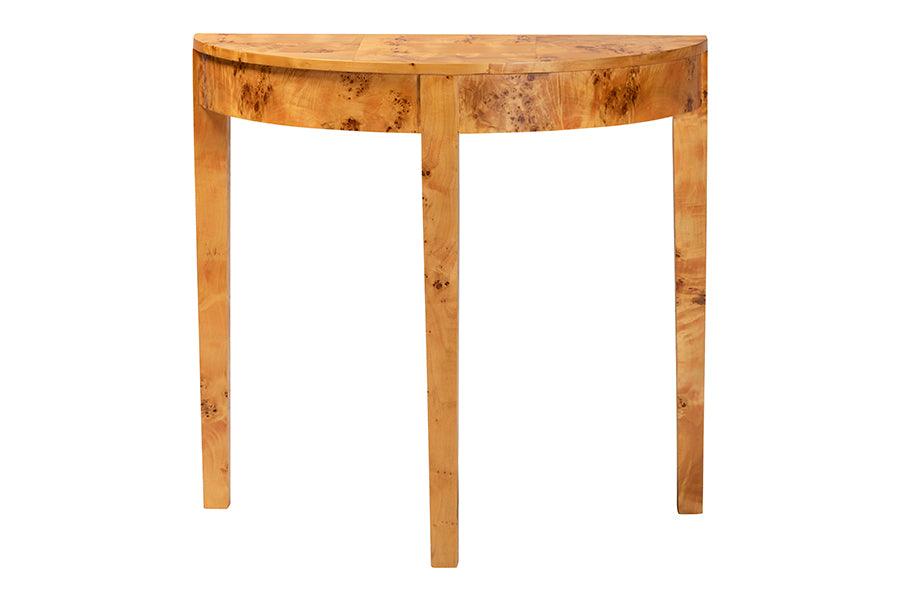 bali & pari Jihan Modern and Contemporary Natural Real Burl Wood Half-Moon Console Table FredCo