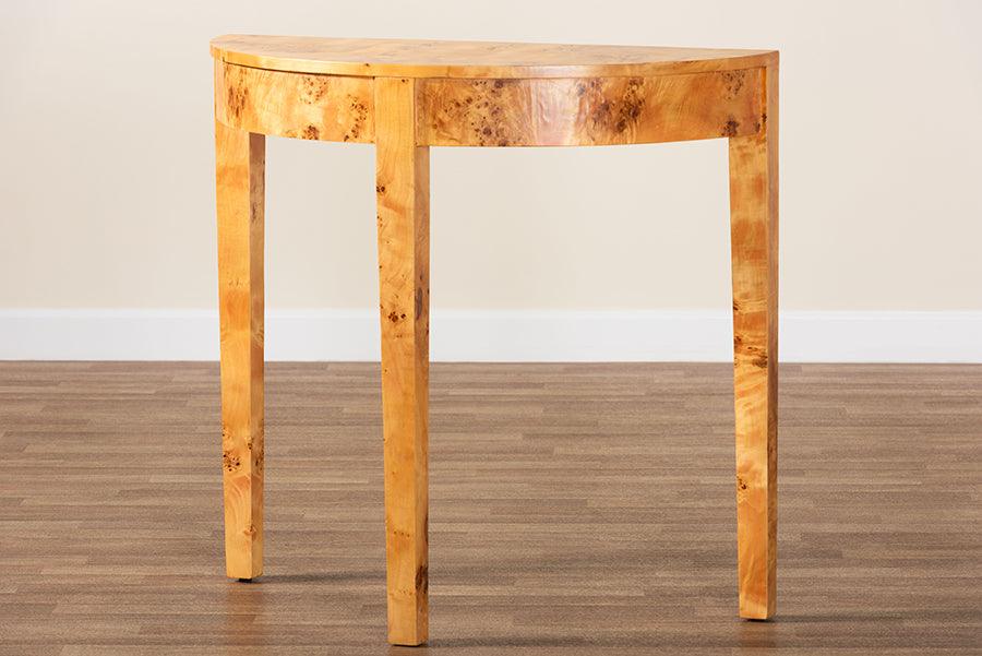 bali & pari Jihan Modern and Contemporary Natural Real Burl Wood Half-Moon Console Table FredCo