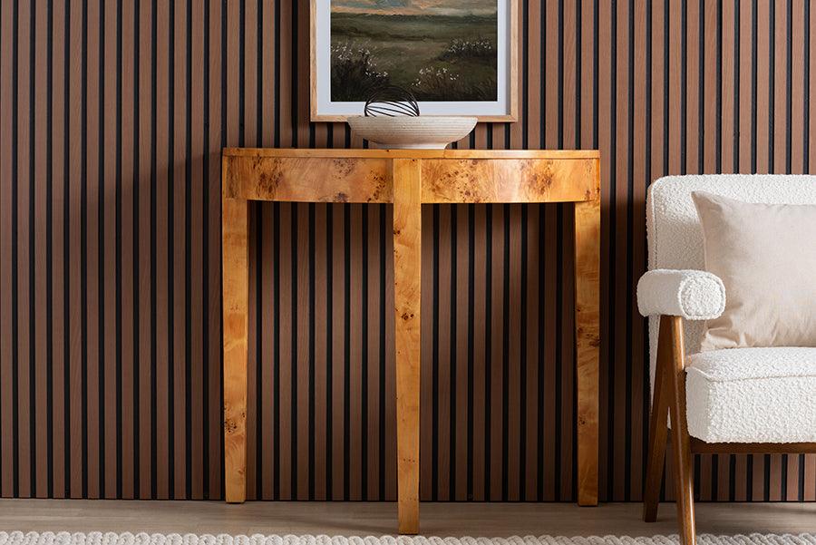 bali & pari Jihan Modern and Contemporary Natural Real Burl Wood Half-Moon Console Table FredCo