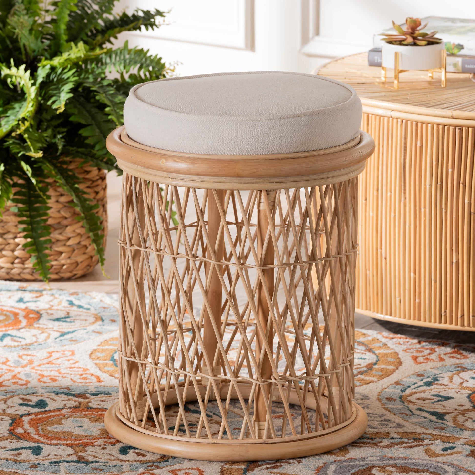 bali & pari Junius Bohemian Natural Rattan Ottoman Footstool FredCo