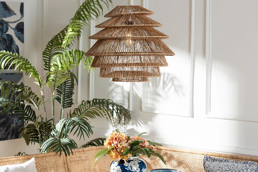 bali & pari Kaede Handwoven Jute Pendant Lampshade - Coastal Boho Ceiling Light Cover with Tiered Design FredCo