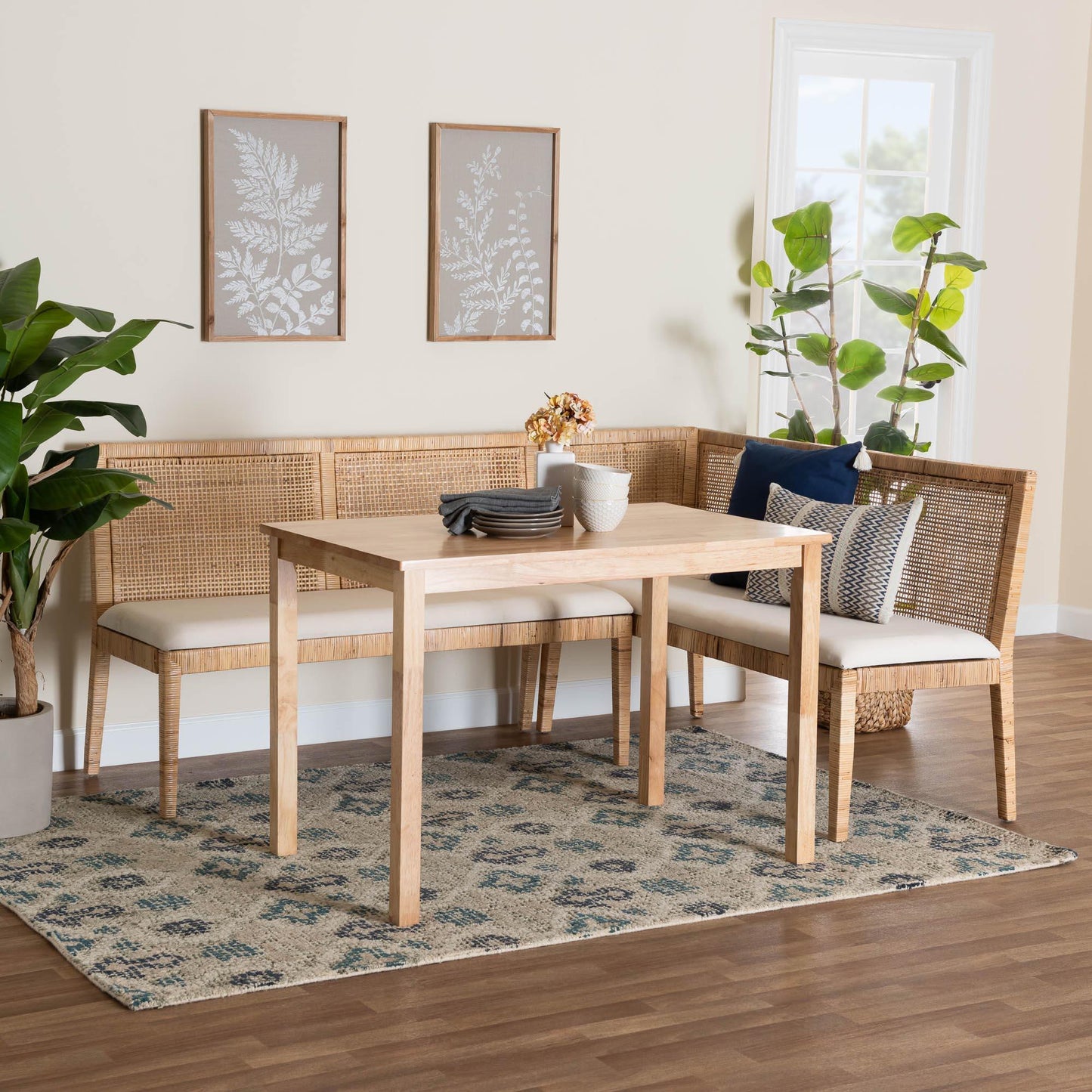 bali & pari Kalimantan Bohemian Light Honey Rattan 3-Piece Dining Nook Set FredCo