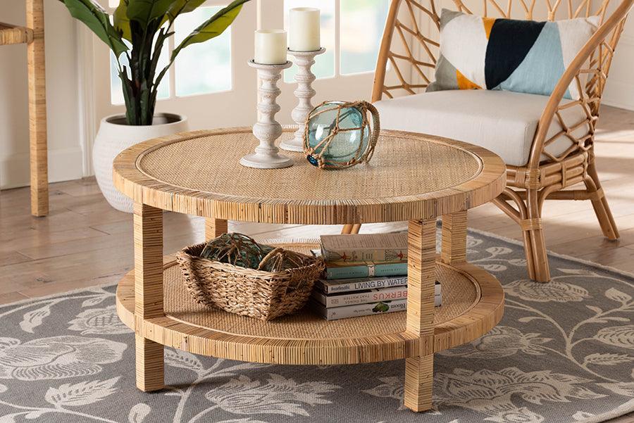 bali & pari Kalimantan Bohemian Light Honey Rattan and Mahogany Wood Coffee Table FredCo