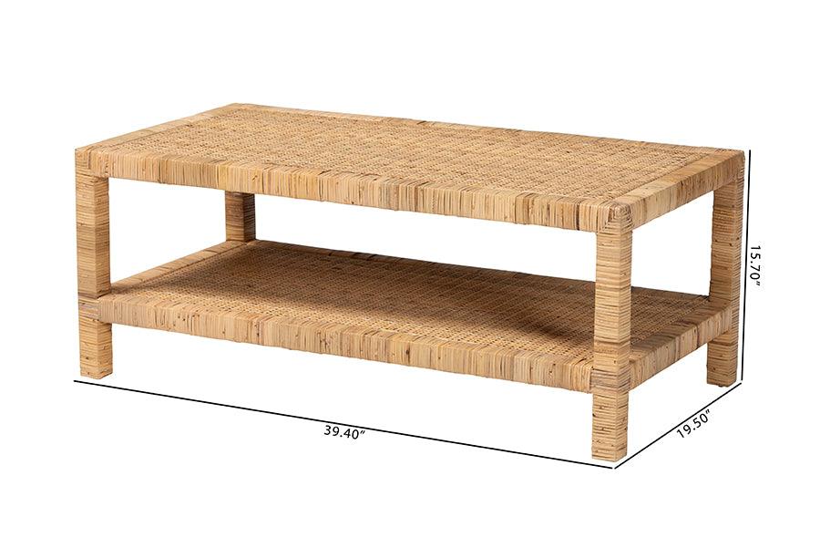 bali & pari Kalimantan Bohemian Light Honey Rattan and Mahogany Wood Rectangle Coffee Table FredCo
