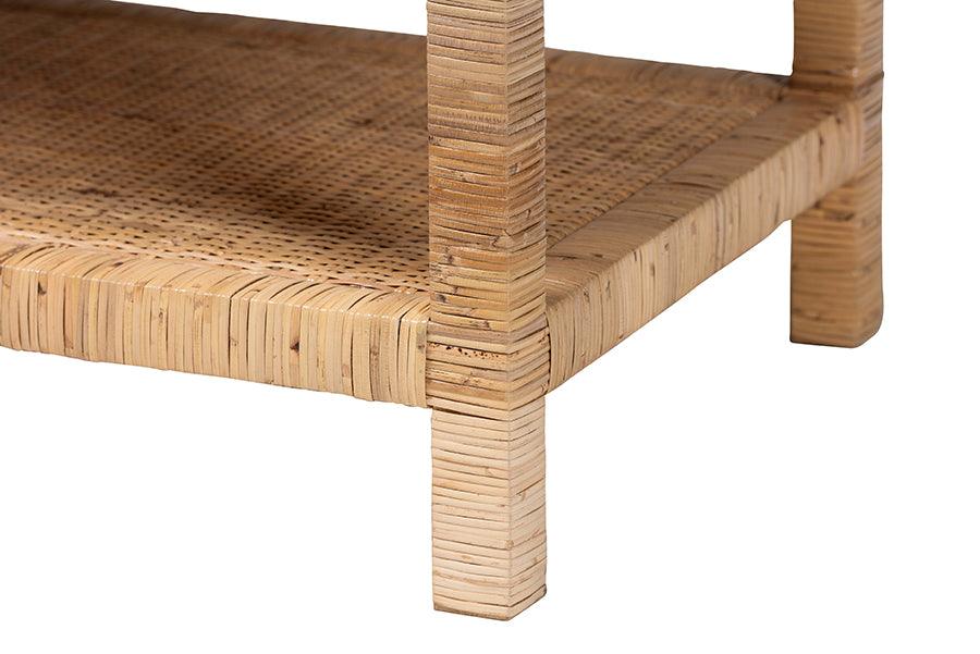 bali & pari Kalimantan Bohemian Light Honey Rattan and Mahogany Wood Rectangle Coffee Table FredCo