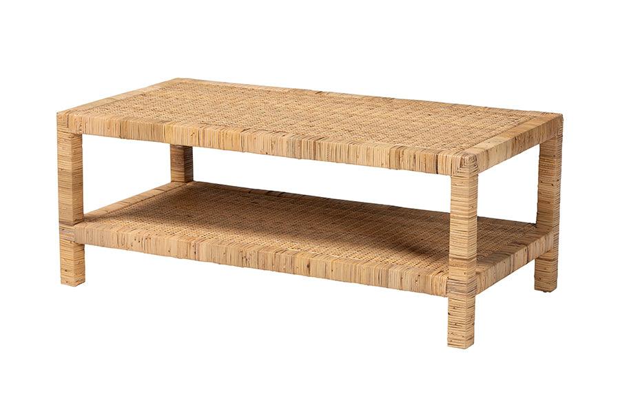bali & pari Kalimantan Bohemian Light Honey Rattan and Mahogany Wood Rectangle Coffee Table FredCo
