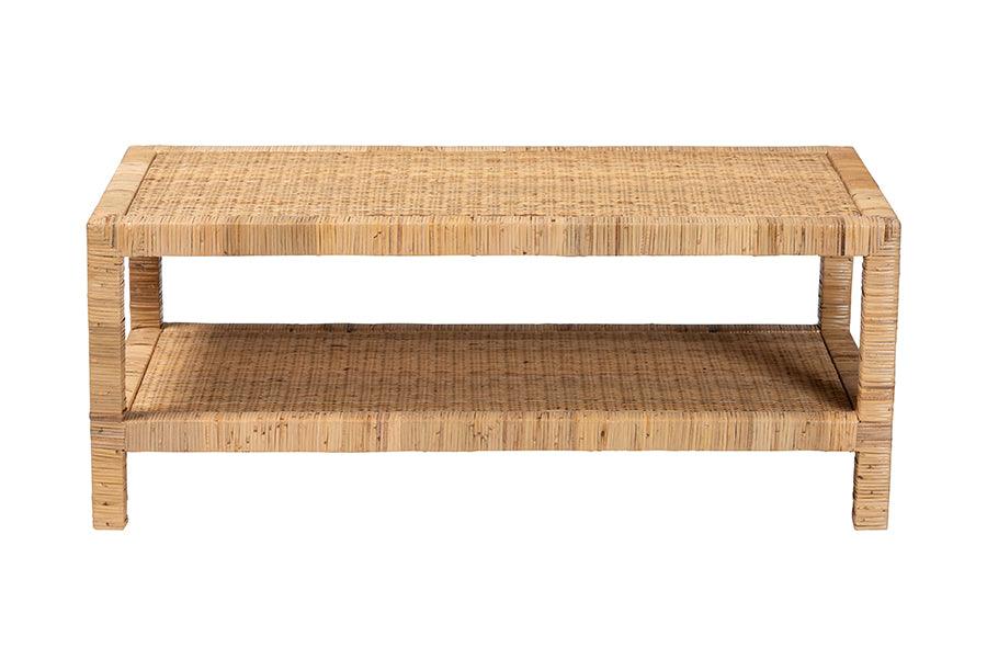 bali & pari Kalimantan Bohemian Light Honey Rattan and Mahogany Wood Rectangle Coffee Table FredCo